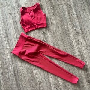 Red Ribbed Crop Top and Leggings Set
